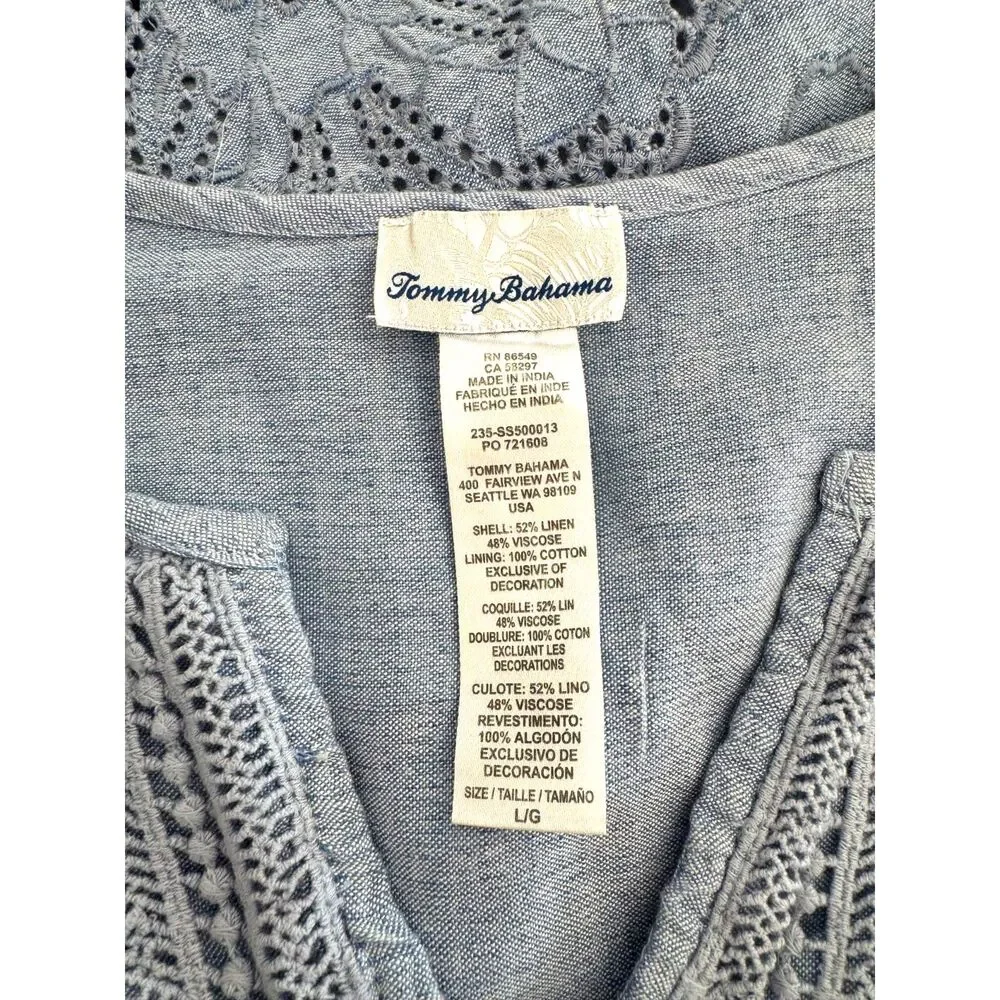 Tommy Bahama dress linen blend chambray like babydoll embroidered summer women L - Picture 5 of 6